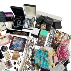 9ct gold stud, silver earrings and a collection of beaded necklaces, bracelets and other costume jewellery, Augarten Wien horse, etc