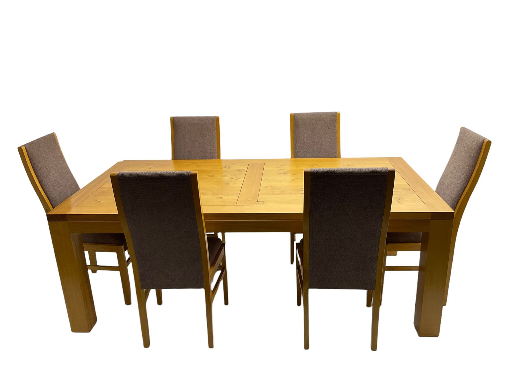 Large pippy oak rectangular dining table, square block leg, and six high back upholstered chairs, retailed by Chapmans of Newcastle