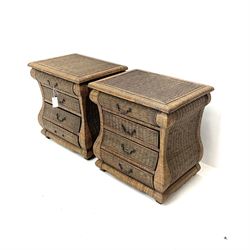 Pair of wicker style bedside tables, shaped edging, four graduating drawers, stile supports 
