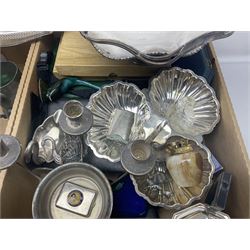 Large collection of silver plate, including automobilia club items, three piece tea service, centrepiece, trophy etc