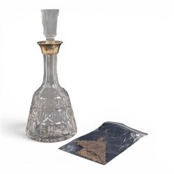 Silver collared glass decanter, with etched personalisation to body, together with two sil...