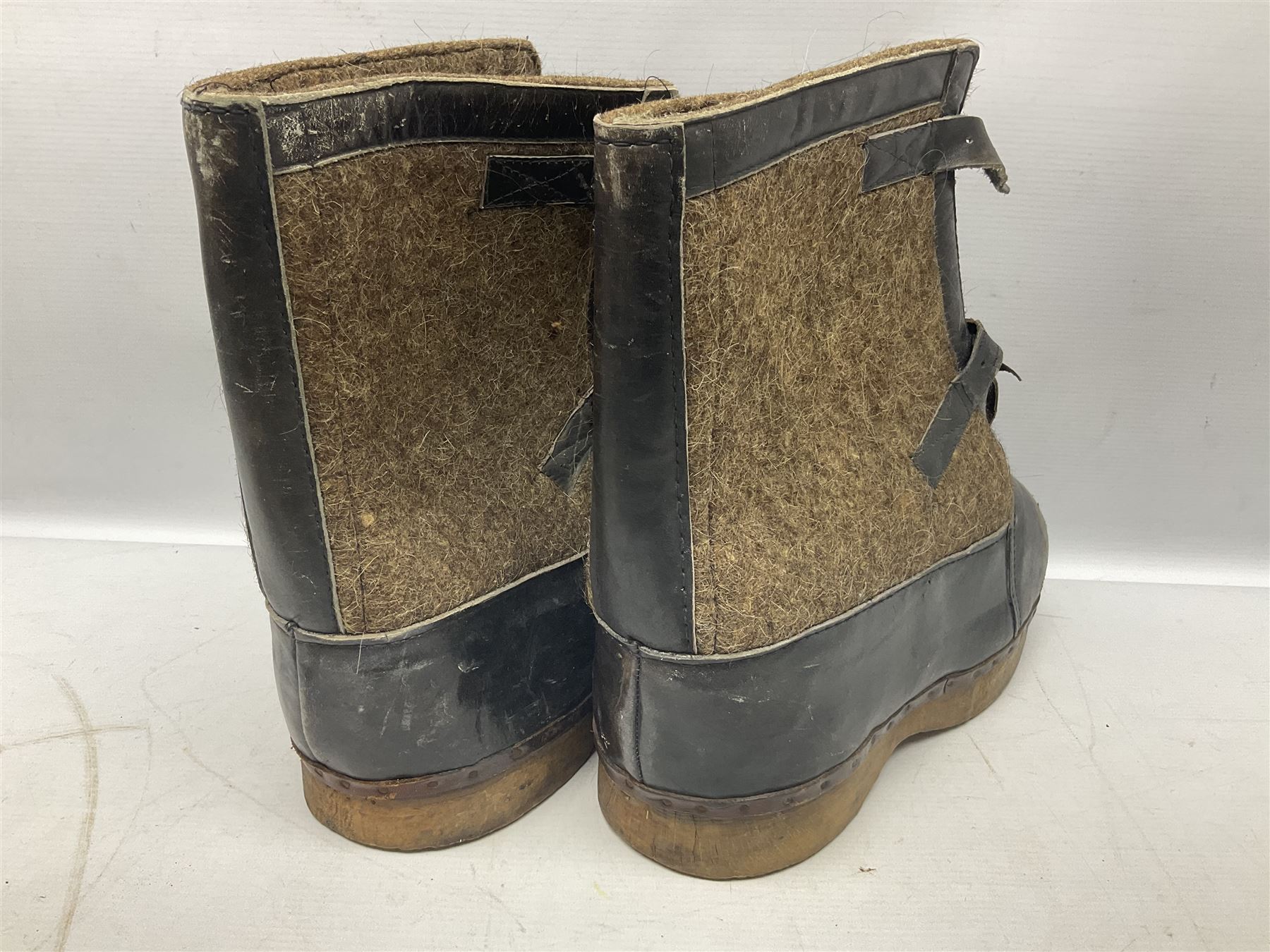 Pair of German winter snow boots, leather and felt with wooden soles; together with a replica WW2 German Luftwaffe car pennant (3)