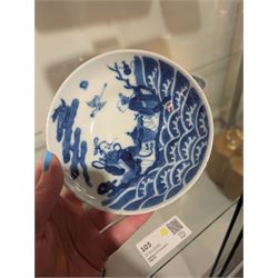 Pair of Chinese blue and white tea bowls, one with cover and four saucers, depicting two figures on a boat at sea, tea bowl H7cm