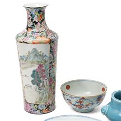 Collection of Chinese ceramics, including a famille rose vase, with apocryphal Qianlong marks to base, 18th century blue and white plate, two blue and white cups, Kangxi bowl (a/f), and others (10)