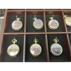 Twenty-three Glory of Steam Atlas Editions silver plated pocket watches, to include The Scottish Horse, Merchant Navy Class, etc, with wood display case, all boxed, twenty one with certificates