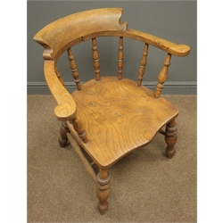  Victorian elm captains armchair, double 'H' stretchers, turned supports  