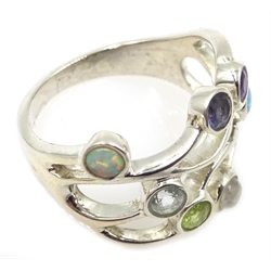 Silver multi-gem set ring, including amethyst, peridot, opal and moonstone, stamped 925