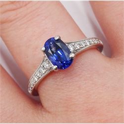 Platinum oval sapphire ring, with diamond set shoulders, hallmarked, sapphire approx 1.30 carat
