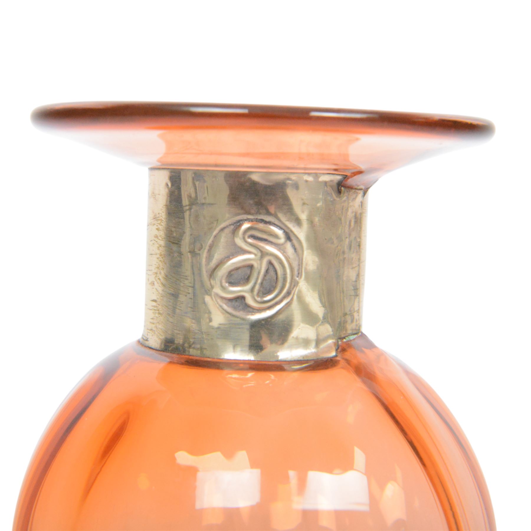 Anthony Stern (British 1944-2022); hand blown orange art glass vase with a metal collar, signed beneath, H15cm