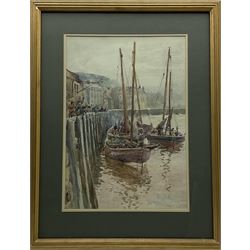 English School (19th/20th century): Fishing Boats on the Quayside Whitby, watercolour indistinctly signed 50cm x 35cm