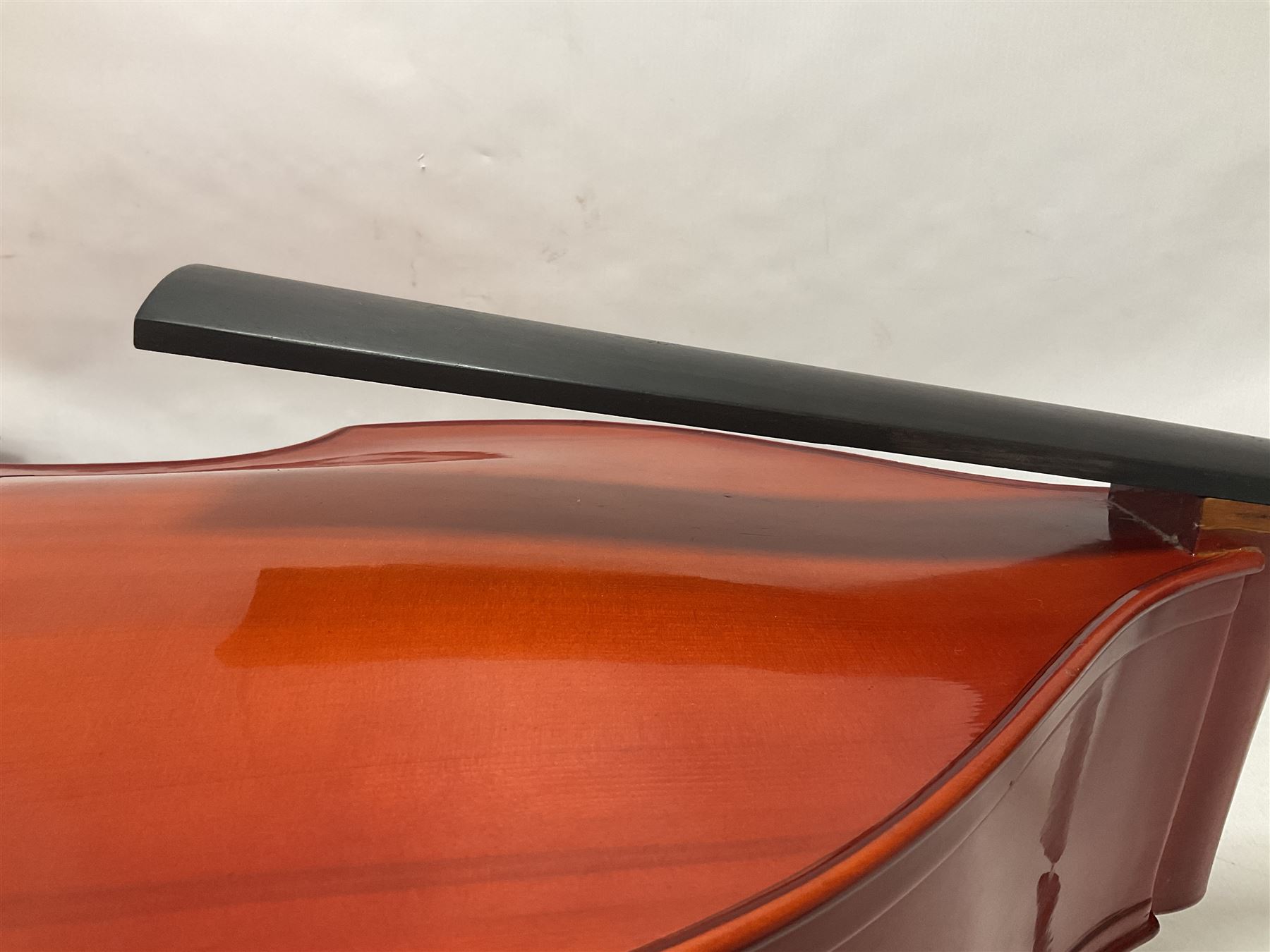 Contemporary 3/4 Double Bass, Body height bottom to shoulder 110cm, With steel tuning pins and ebonised fingerboard, no strings, bridge, tail piece, or endpin Although called a 3/4 size bass, this size is recognised as a regular sized Double Bass 
