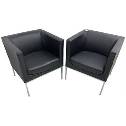 Orangebox - pair of contemporary 'Drift' tub armchairs, upholstered in blakc faux leather, on chrome supports