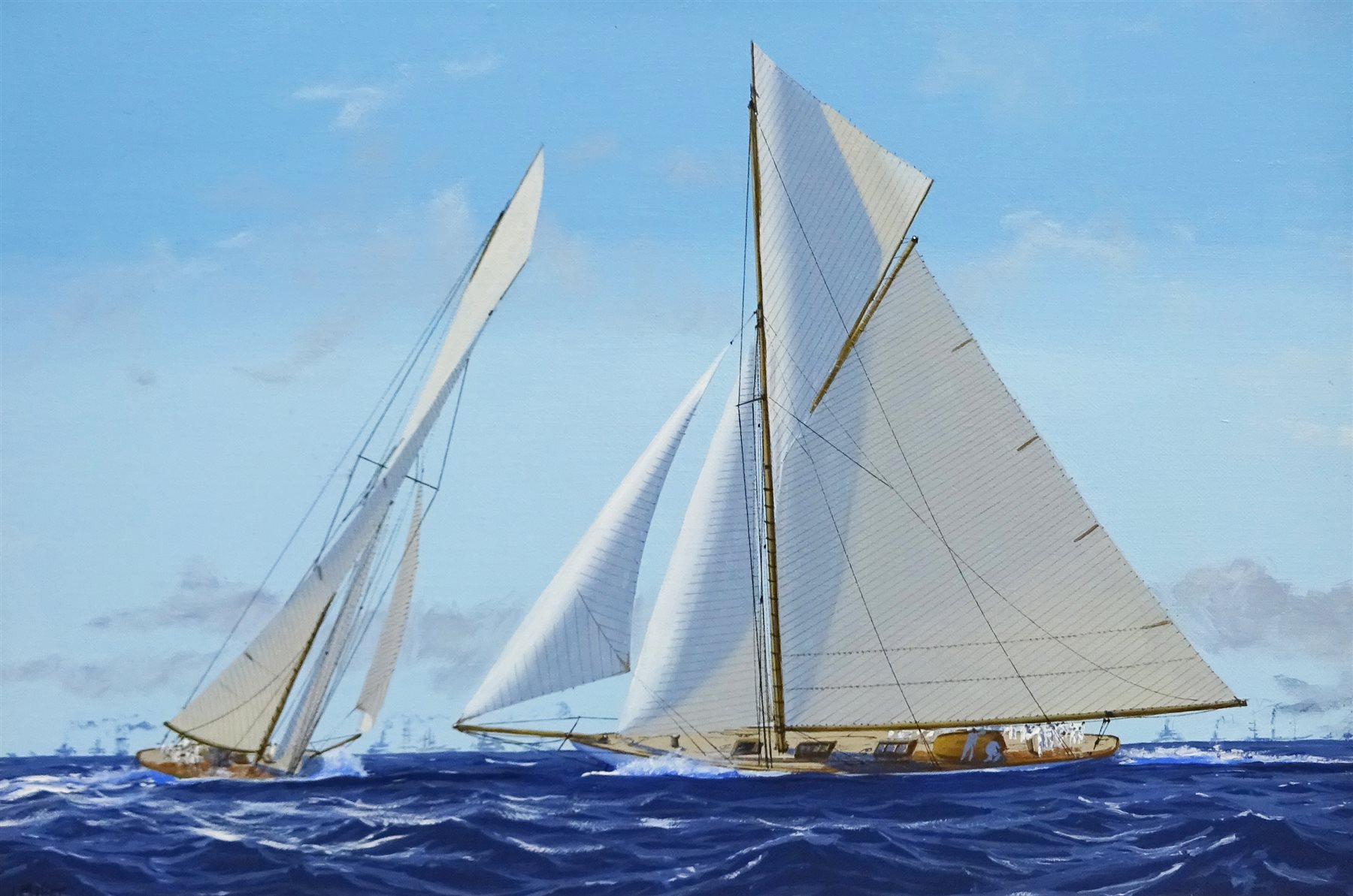 James Miller (British 1962-): America's Cup Series the 12th Challenge 1903 'Shamrock III' & 'Reliance', oil on canvas signed, titled verso 24cm x 34cm