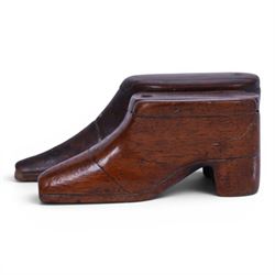 Two 19th Century treen novelty snuff boxes modelled as shoes, both with pinwork decoration, H4cm