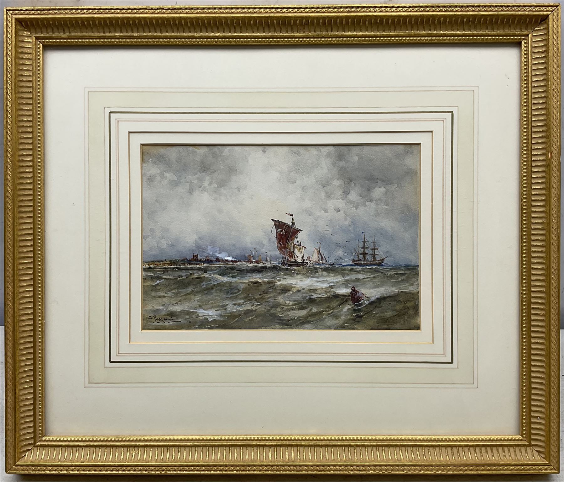 Frank Henry Mason (Staithes Group 1875-1965): Ships Returning to Calais and Shipping off the Coast, possibly St Andrews, pair watercolours heightened in white signed 15cm x 23cm (2)
