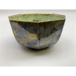 Wedgwood Dragon Lustre octagonal bowl, decorated in gilt with dragons upon a mottled blue ground, H7cm D12cm