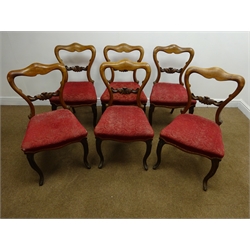  Set of six William IV rosewood balloon back chairs, shaped cresting rail, upholstered seat, carved cabriole leg, W47cm  