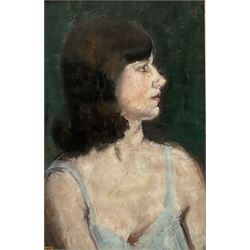 Madeline A Manton (Mid 20th century): 'Jaqueline' bust portrait, oil on board, titled with artist's address 124 Kings Road London on Chelsea Artists exhibition label verso 49cm x 32cm