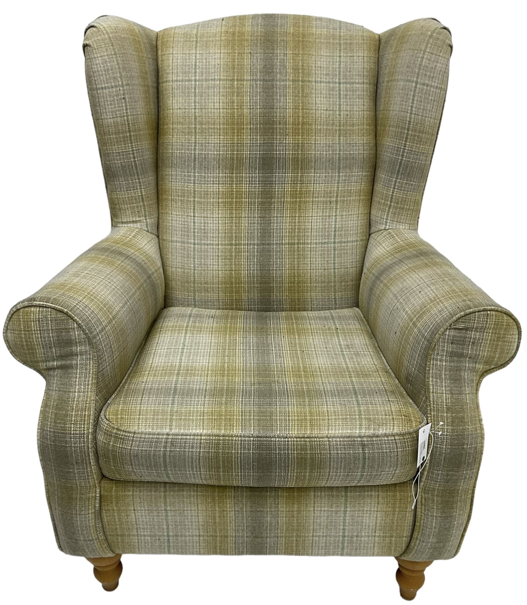 Next Home - 'Sherlock' hardwood framed wingback armchair, upholstered in pale green checkered fabric, on turned front feet