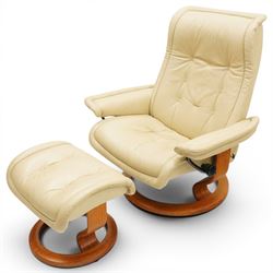 Ekornes - Stressless cream leather upholstered reclining armchair together with a matching stool