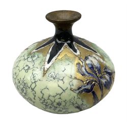 Turn Teplitz Bohemia vase of squat bulbous form body with gilt and hand painted flowers with a gilt rim, all against a green ground, marked with factory mark beneath, H14cm 