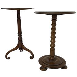 19th century walnut occasional table, circular moulded top on bobbin turned stem, circular moulded base on compressed feet (H70cm); 19th century walnut tripod table, circular table on turned stem, on splayed supported with scrolled terminals (H74cm)