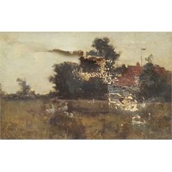 Frederick (Fred) Dade (British 1874-1908): 'Evening Reed Farm', oil on canvas signed, titled with artist's address 'Paradise Scarborough' verso 19cm x 29cm (a.f.)
Provenance: from the estate of Christine Dexter and by descent from Frank Henry Mason's sister Eleanor Marie (Nellie). Fred was a keen yachtsman and together with his brother Ernest and Frank Mason were founder members of Scarborough Yacht Club in 1895