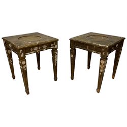 Pair of 20th century giltwood and gesso vase or lamp side table, the moulded square top with circular central recess, decorated with applied foliage and flower head mouldings, on square tapering supports with spade feet