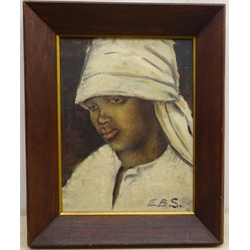  E B S (African School 20th century): Portrait of a Young Woman, oil on board signed with initials 34cm x 26cm  