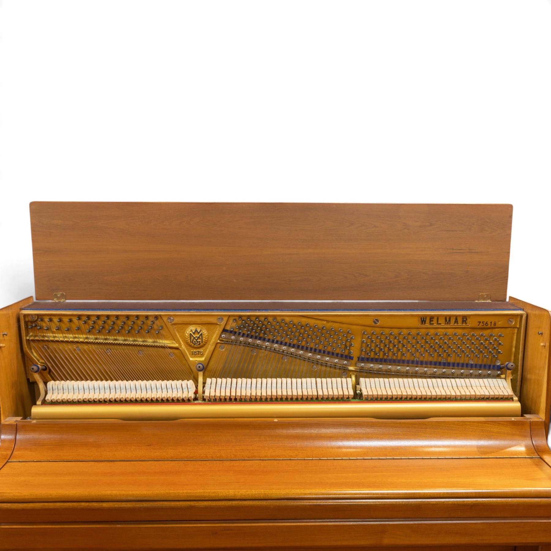 1970s century Welmar mahogany cased upright piano, retailed by The Piano Centre Rotherham, serial no. 75618, H110cm, W141cm