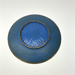 A Japanese cloisonne dish, of circular form, the blue ground decorated with blossoming vines and a butterfly, within a stylised border, D30.5cm.