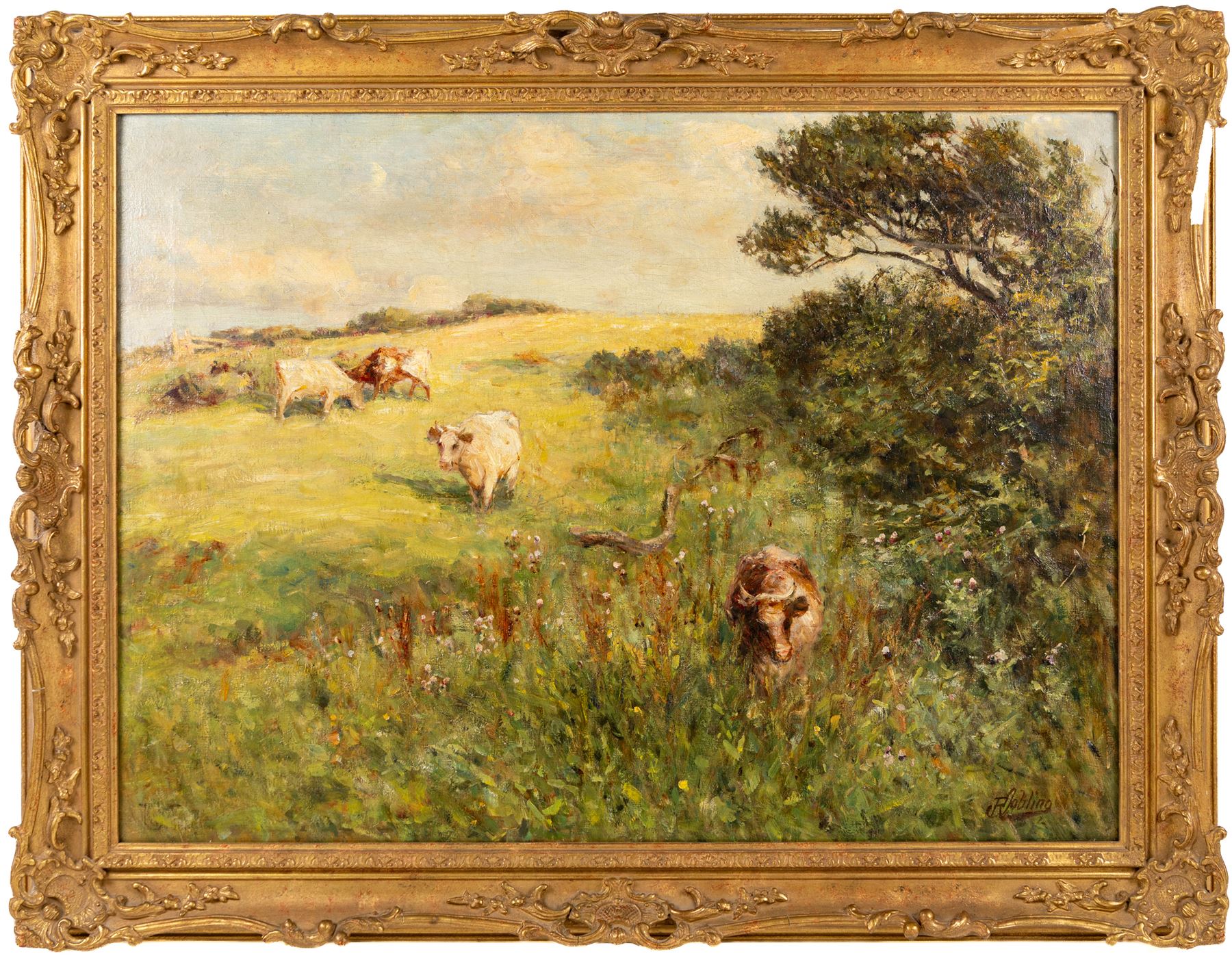 Robert Jobling (Staithes Group 1841-1923): Cattle in a Summer Meadow, oil on canvas signed 55cm x 75cm