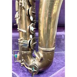 Brass tenor saxophone by Adolphe SAX, 84 Rue Myrha, Paris,  No.938 serial number 12097, H75cm excluding crook; in hard carrying case bearing plaque for Henri Selmer