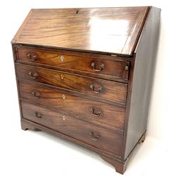 19th century mahogany bureau, single fall front enclosing fitted interior above for graduating drawers, shaped bracket supports