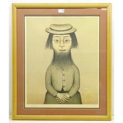  Laurence Stephen Lowry RA (Northern British 1887-1976): 'Woman with a Beard', limited edition coloured lithograph signed in pencil with Fine Art Guild blind stamp numbered  EKK, 61cm x 50cm  'Woman with a Beard' - Preliminary Sketch, limited edition monochrome lithograph signed in pencil with Fine Art Guild blind stamp numbered DCL, 26.5cm x 15cm (2)  DDS - Artist's resale rights may apply to this lot  