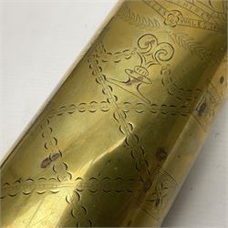 WWI trench art 13-pound anti-aircraft brass shell case engraved Alexandra Princess of Wales, Yorkshire Regiment, bears marks for Royal Ordnance Factory Woolwich 1917 H29cm; WWI British shell fuse dated June 1916; and WWII 20mm brass cannon shell dated 1941 (3)