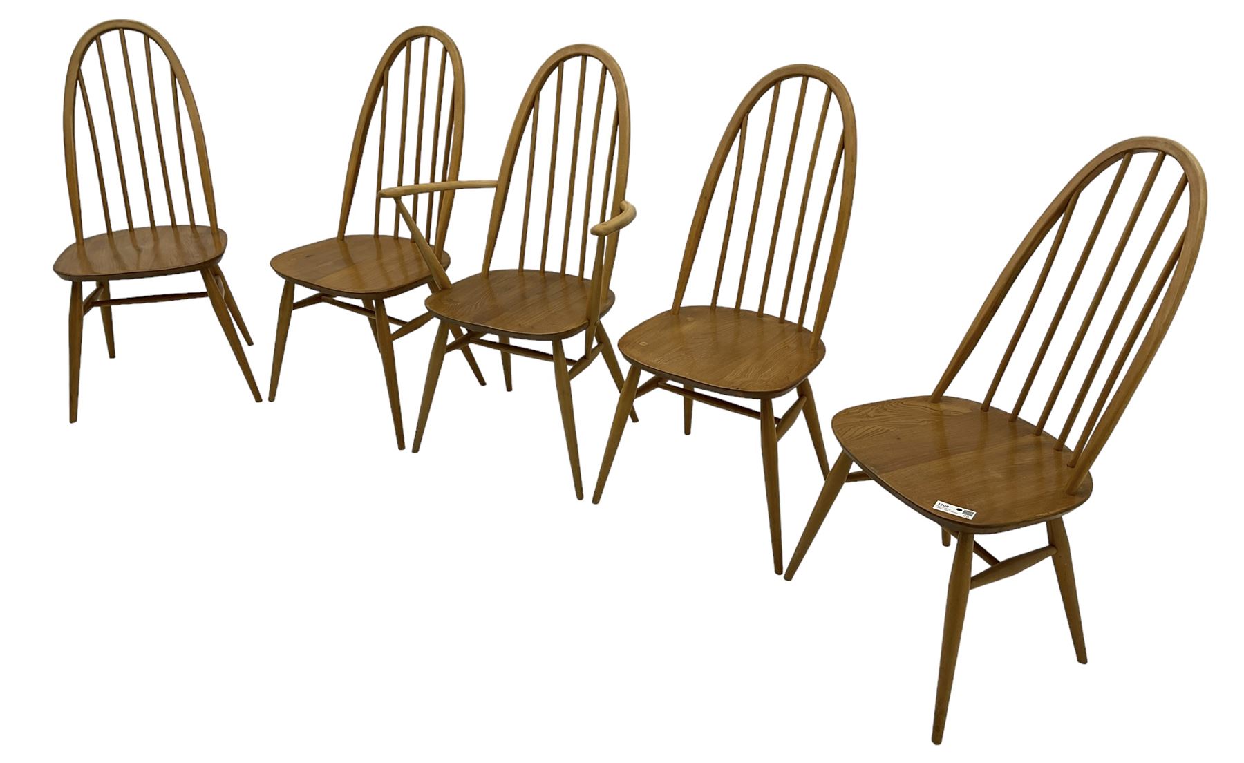Ercol - set if five (4+1) elm and beech 'Windsor' dining chairs, high hoop and stick back, on tapering splayed supports united by H stretchers 