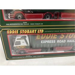Corgi - four limited edition 1:50 scale Eddie Stobart heavy haulage vehicles comprising 75804 M.A.N. Curtainside; 75702 MAN Refrigerated Box Trailer; 75601 Renault Premium Curtainside; and CC12401 Volvo Globetrotter Curtainside; all boxed (4)