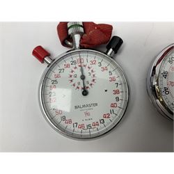 Nero Lemania - Royal Air Force type military stopwatch, outer black register for 60 seconds with 1/5th seconds divisions, inner red register to 100 with 1/10 divisions, subsidiary dial recording to 30 minutes, signed and marked with Broad Arrow, case back engraved '0552/521-3169' Broad Arrow '152/70'; together with a Balmaster Antichoc 1/10 4 Rubis stopwatch (2)