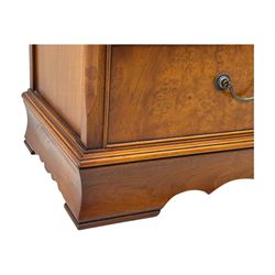 Ian Smith Furniture - Georgian design walnut open bookcase, projecting cornice over pierced geometric frieze, fitted with three adjustable fluted shelves above two drawers, on shaped plinth base 
