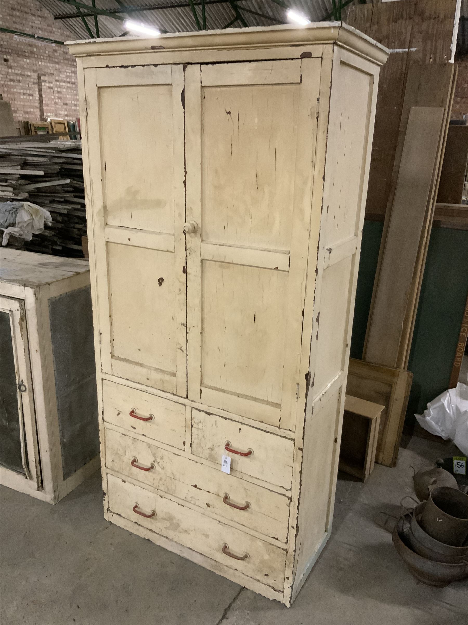19th century painted pine wardrobe cupboard, fitted with two panelled doors, two short and two long drawers - THIS LOT IS TO BE COLLECTED BY APPOINTMENT FROM THE OLD BUFFER DEPOT, MELBOURNE PLACE, SOWERBY, THIRSK, YO7 1QY
