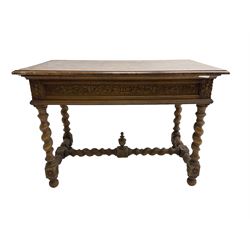 Early 20th century carved oak side table, the rectangular top with cross section inlay, frieze carved with foliate decoration, raised on spiral turned supports united by barley-twist stretcher with finial