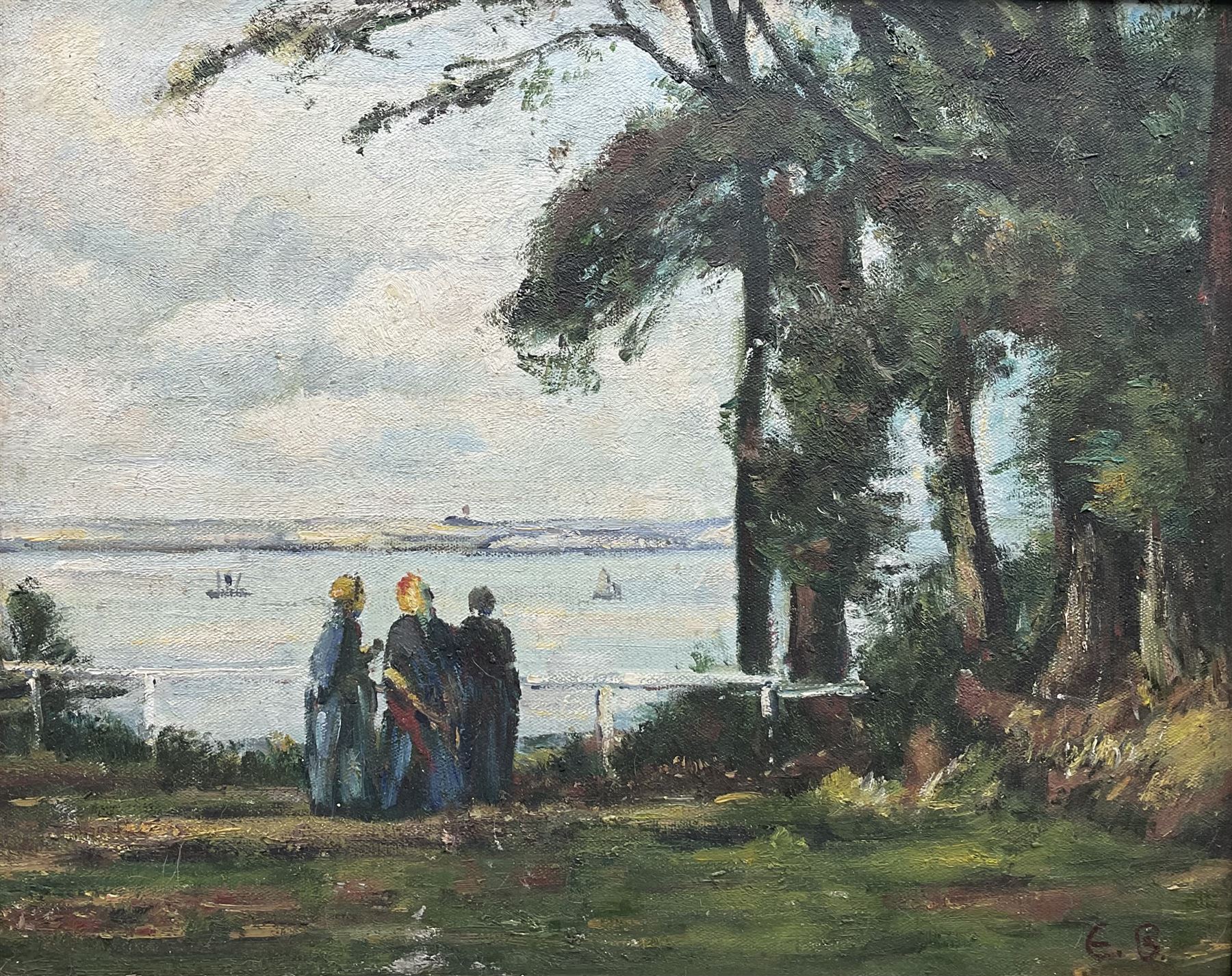 Edward Bishop (British 1902-1997): Figures by a Lake, oil on board signed with initials 40cm x 50cm