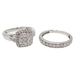  White gold diamond square cluster ring and round brilliant cut diamond half eternity ring, both stamped 9K   