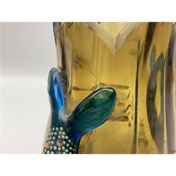 Pair of 19th century glass vases in the style of Auguste Jean, of bulbous form with lobed rim and applied blue glass zoomorphic handles, painted with enamel flowers, dragonflies and swans, upon four blue glass feet, H26cm