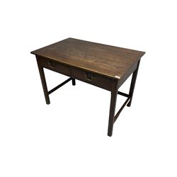 Early to mid-20th century oak side table, fitted with two drawers, raised on chamfered supports