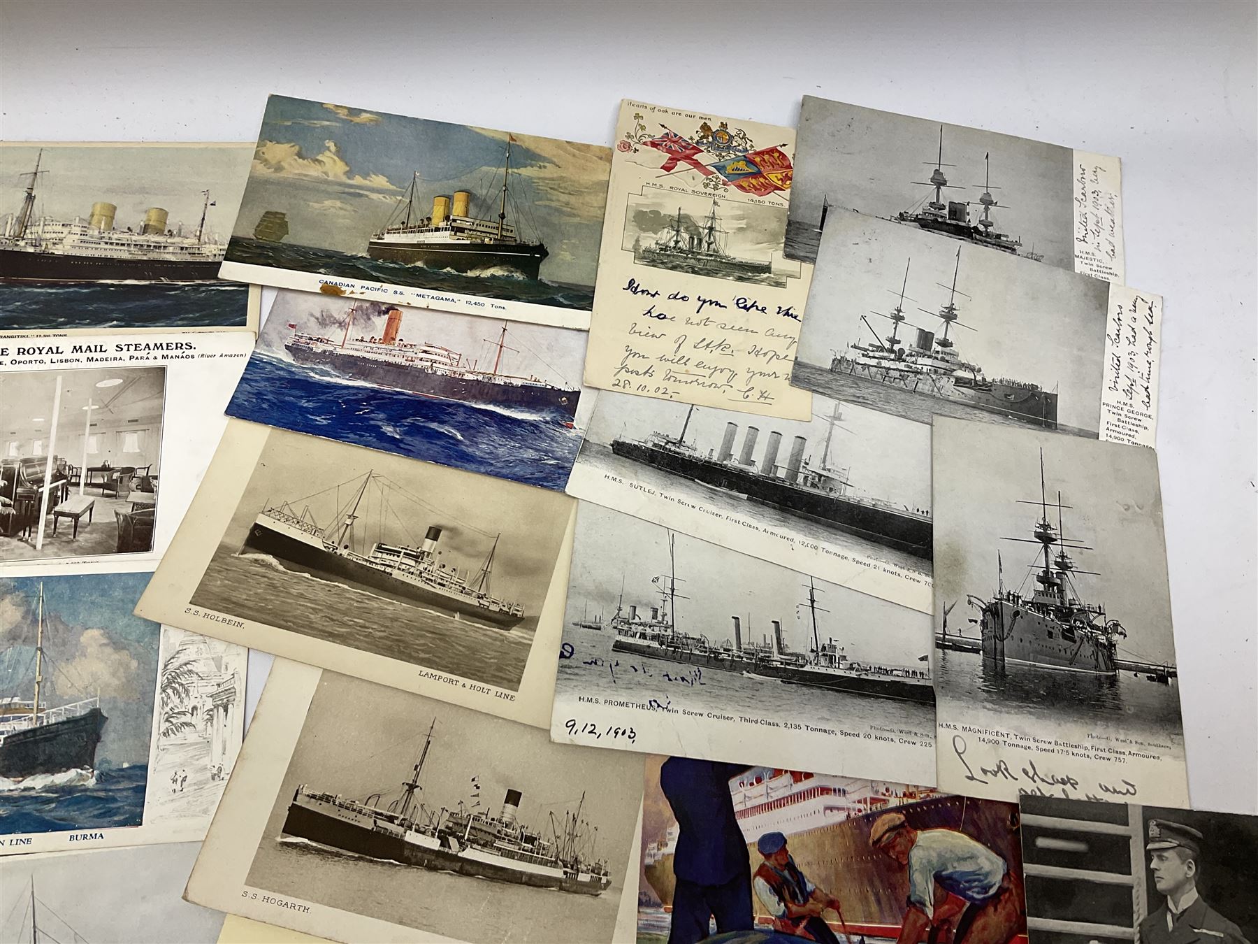 Sixty-five early 20th century postcards of passenger liners including White Star, Red Star, Atlantic Transport, Anchor, Cunard, Henderson, Booth, Union Castle, Holland America, Lamport & Holt, P. & O., New Zealand, Canadian Pacific, British India etc; and ten Edwardian postcards of Naval warships and officers (75)