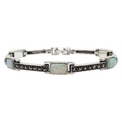 Silver opal and marcasite link bracelet, stamped 925