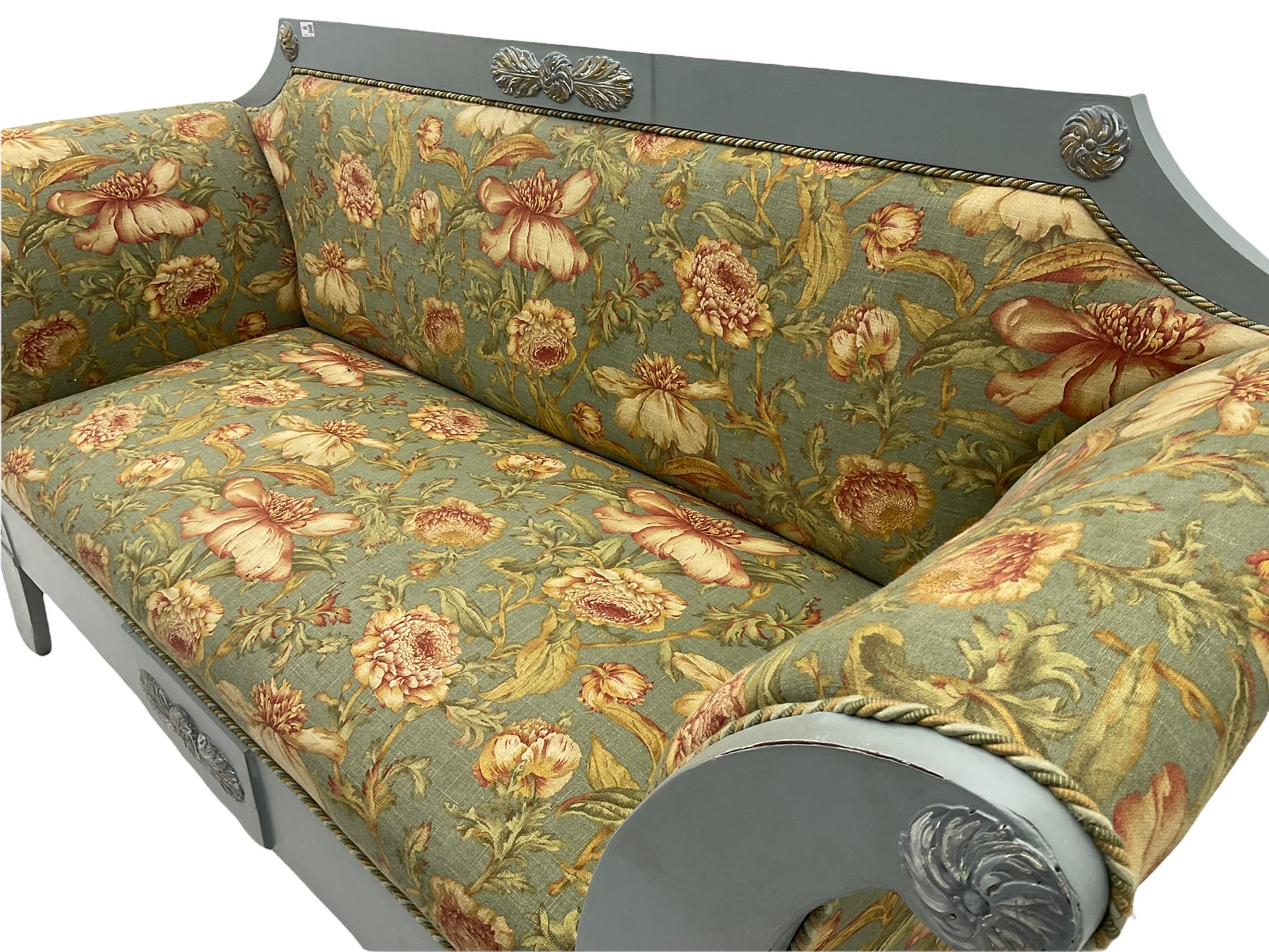 French empire style settee upholstered in 'Leighton' by Margarita Cushing floral fabric, grey painted and gilt frame