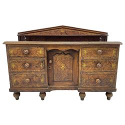 Victorian scumbled pine sideboard, the raised pointed arch back with single shelf, rectangular top with step moulded edge, fitted with six graduating drawers flanking a central recessed cupboard, decorated all-over with painted gilt simulated stringing and fleur-de-lis motifs